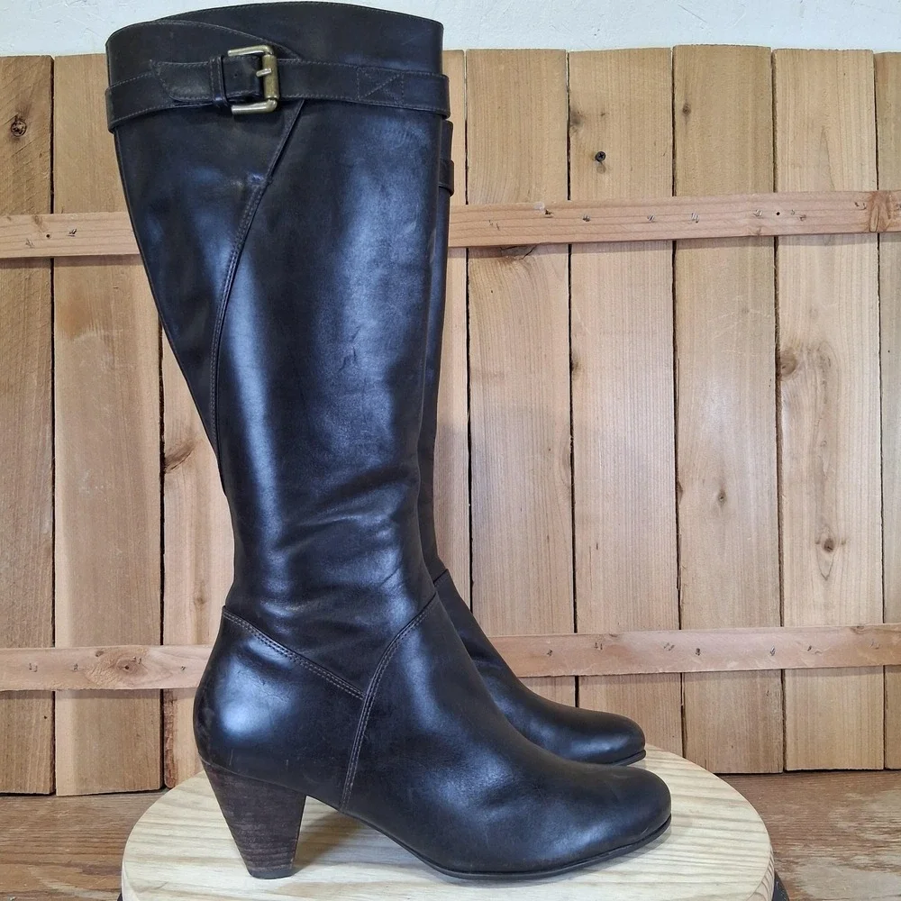ECCO Hope‎ Tall Boots Womens 9 40 EU Brown Leather Zip Knee High Riding Buckle